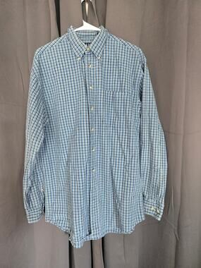 Trader Bay Men Medium Blue Plaid Linen Cotton Short Sleeve Button Down Shirt